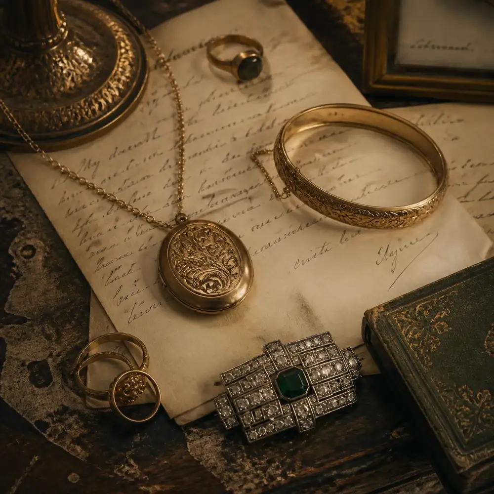 Antique gold locket, bangle and deco brooch laid on old handwritten letters