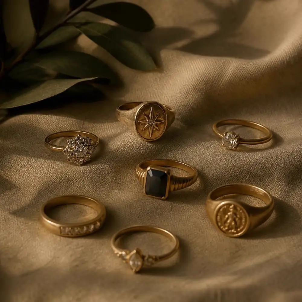 Vintage gold solitaire, cluster and signet rings arranged on warm linen