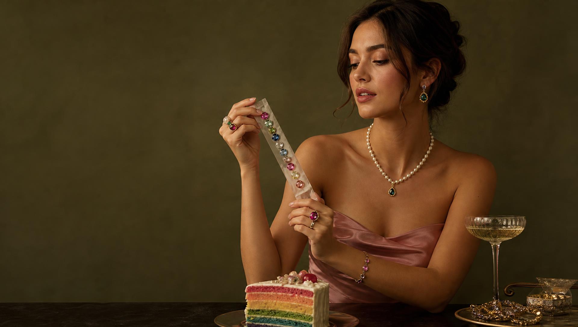 A woman in a pink satin top holding a strip of loose gemstones, seated at a table with a slice of rainbow cake and a glass of champagne