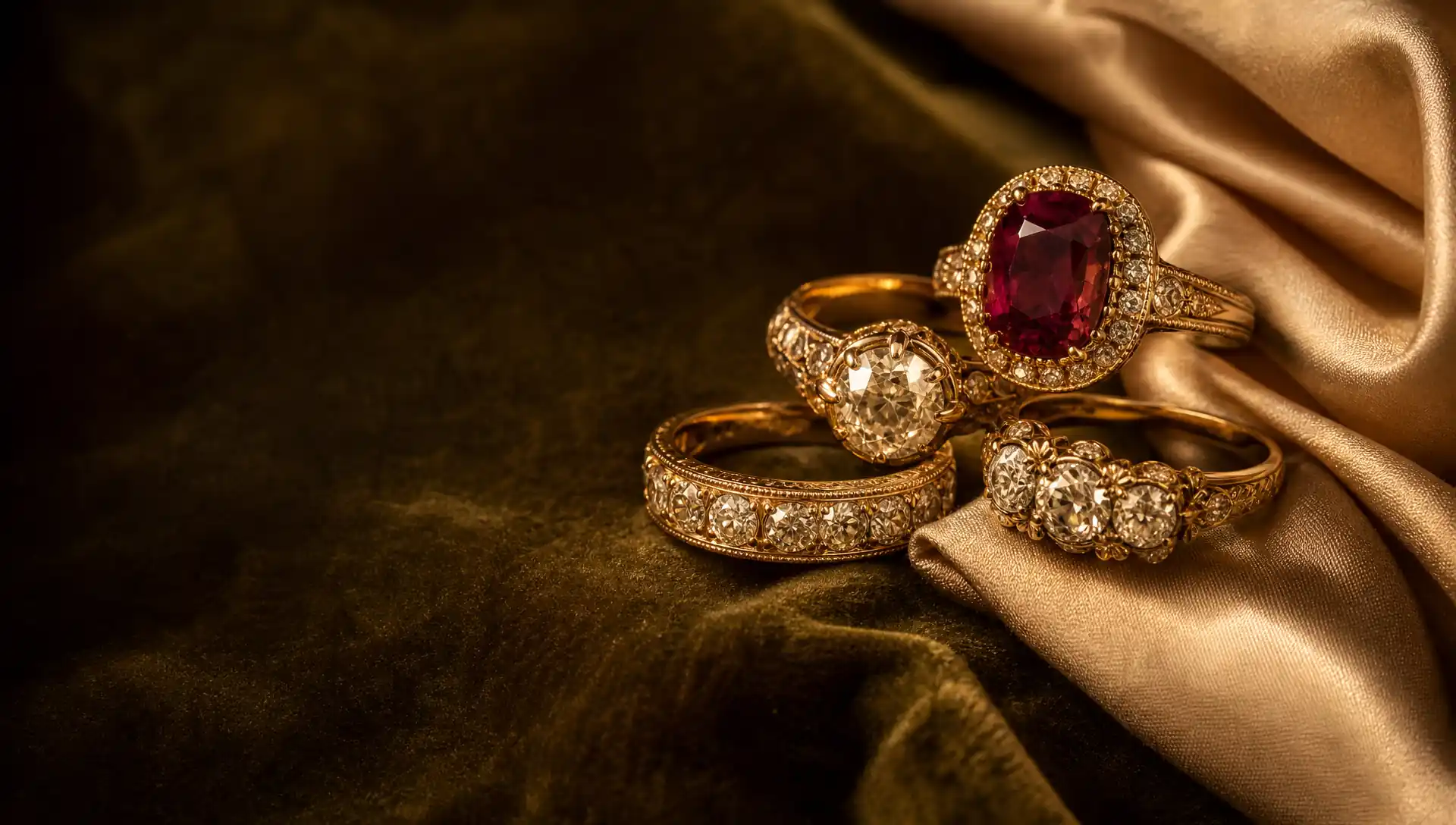 Antique gold rings with old cut diamonds and a deep red gemstone on warm silk and olive velvet