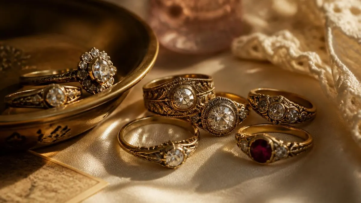 Antique gold rings with old-cut diamonds and a ruby on cream silk beside a brass ring dish