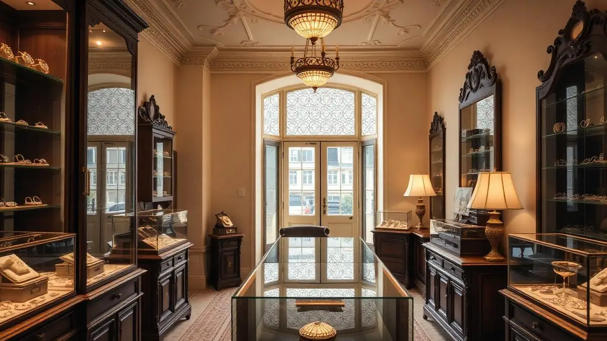 Interior of an antique jewelry shop with wooden vitrines and warm lamplight