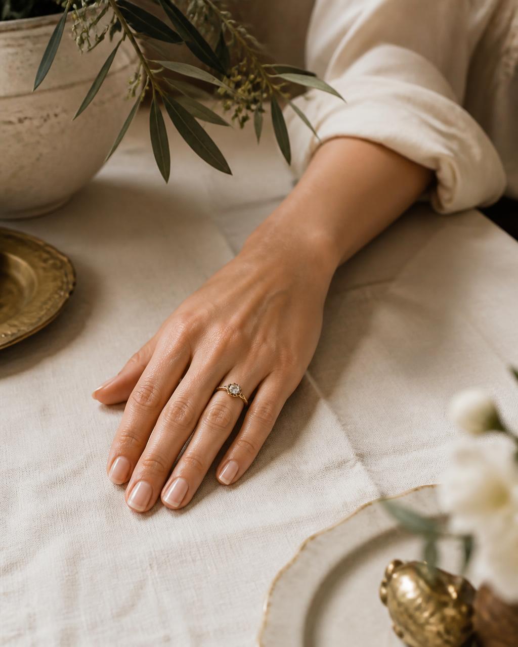 A hand resting on cream linen, wearing an antique gold diamond ring